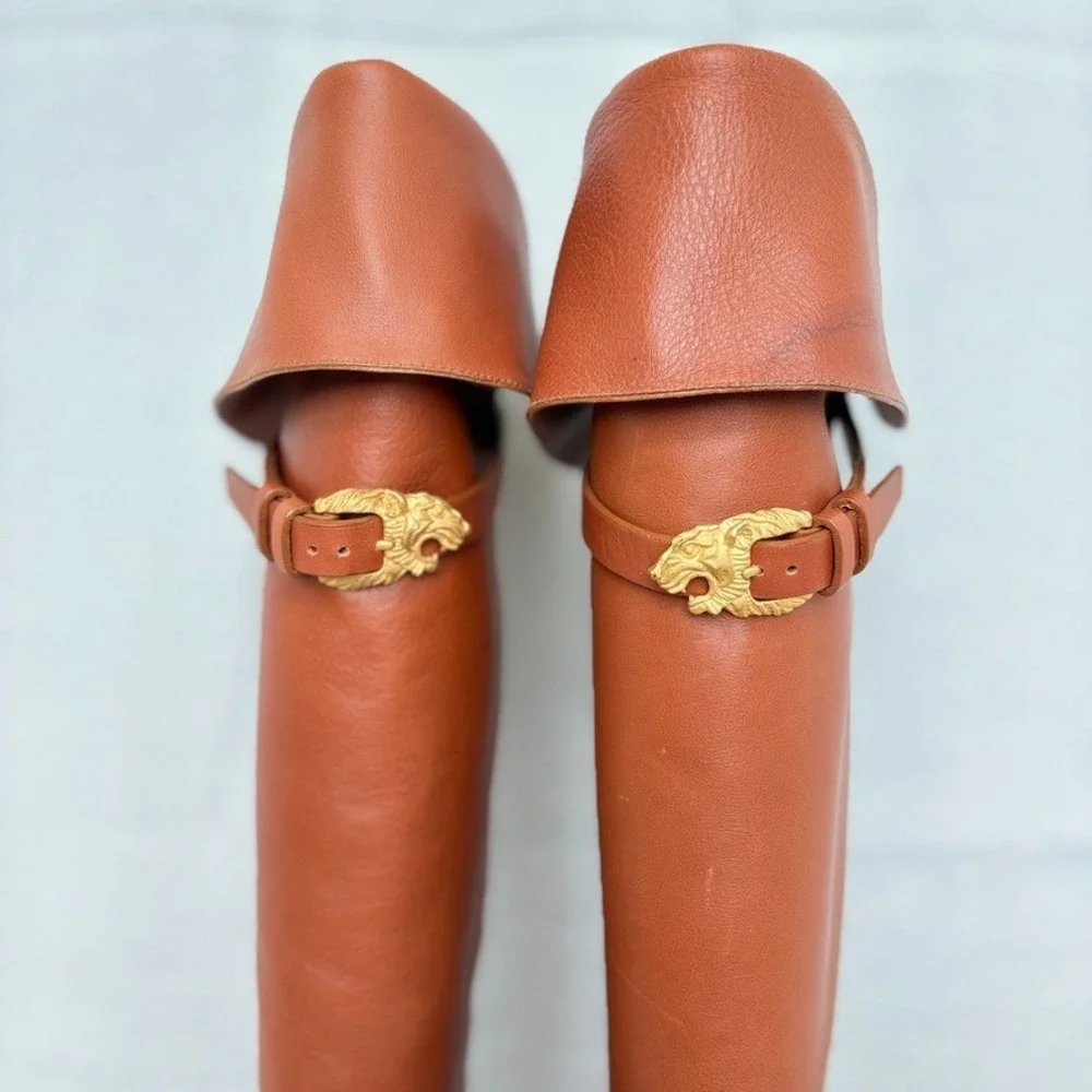 Valentino Garavani Brown‎ Calfskin over the knee boot lion buckle, EU 37(US7)